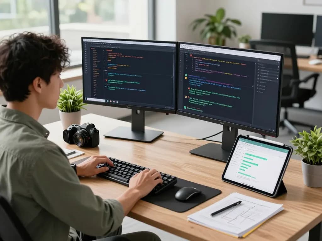 Clawdbot personal AI workspace featuring dual monitors with code and chat notifications in a vibrant office.