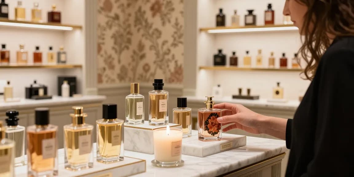Classic perfumes elegantly arranged in a boutique, showcasing sophistication and luxury