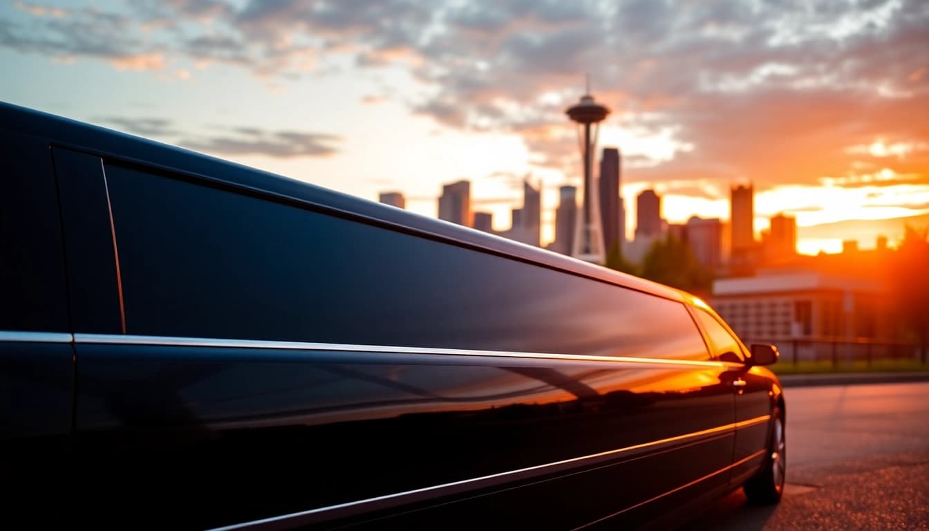 Experience luxury with our limo service vancouver to seattle, featuring an elegant limousine against Seattle's skyline.