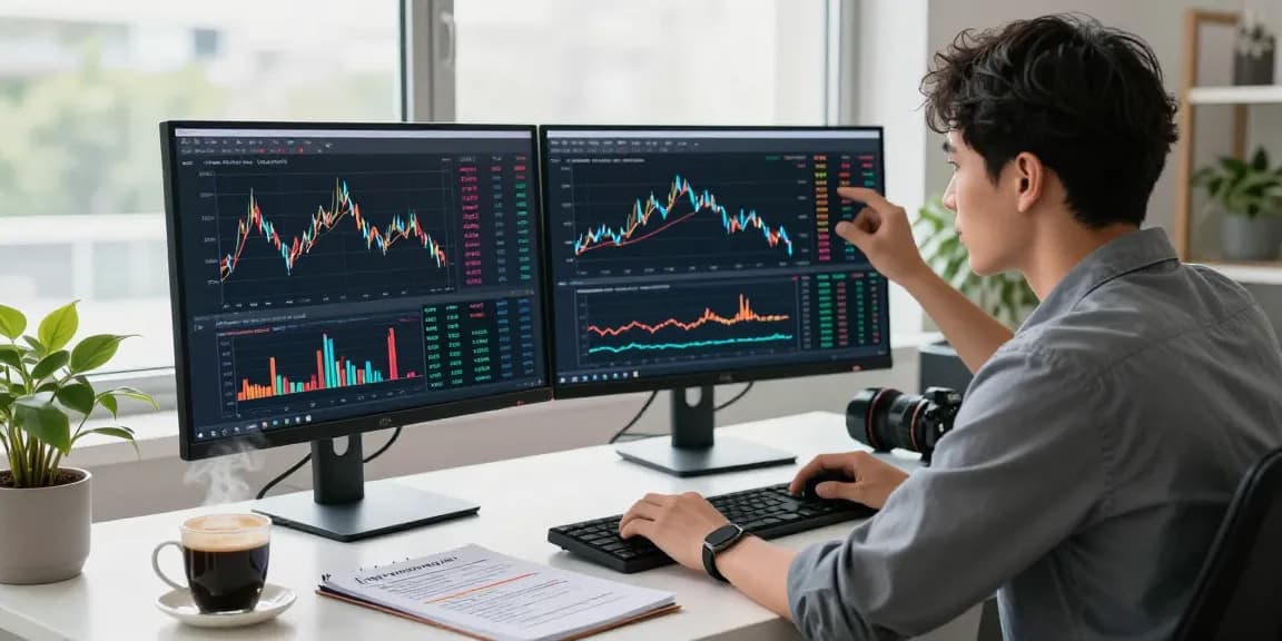 Young professional analyzing charts with the NAGA2000 trading interface in a modern home office.