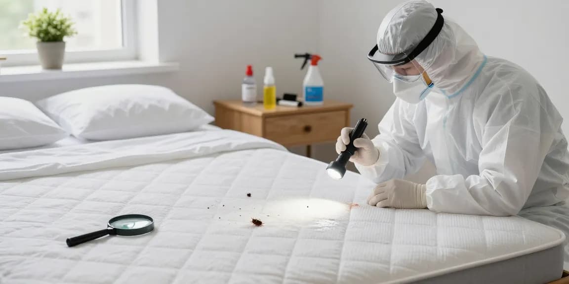 bed bug exterminators inspecting a mattress for bed bugs in a clean bedroom