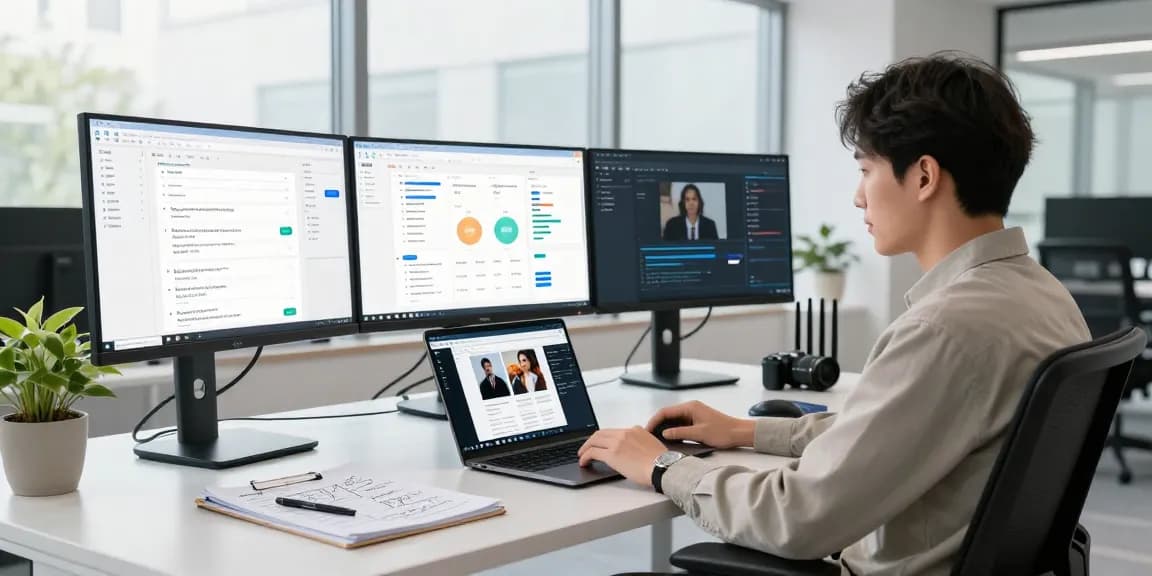 AI image detector analysis in a high-tech workspace with data visualizations.