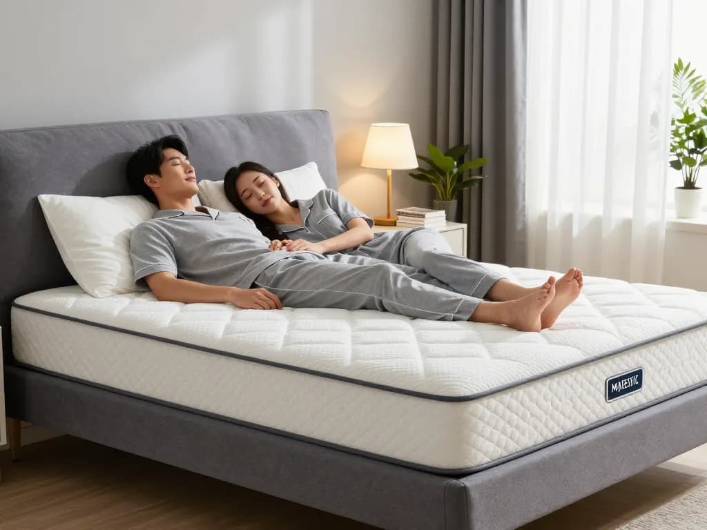 Cozy bedroom with an extra firm mattress, couple resting for optimal comfort and support.