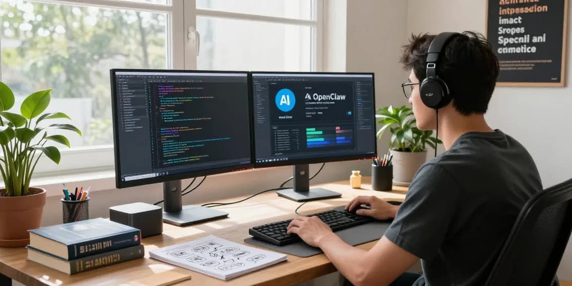 Developer using OpenClaw AI in a modern home office with dual monitors, programming books, and natural light.