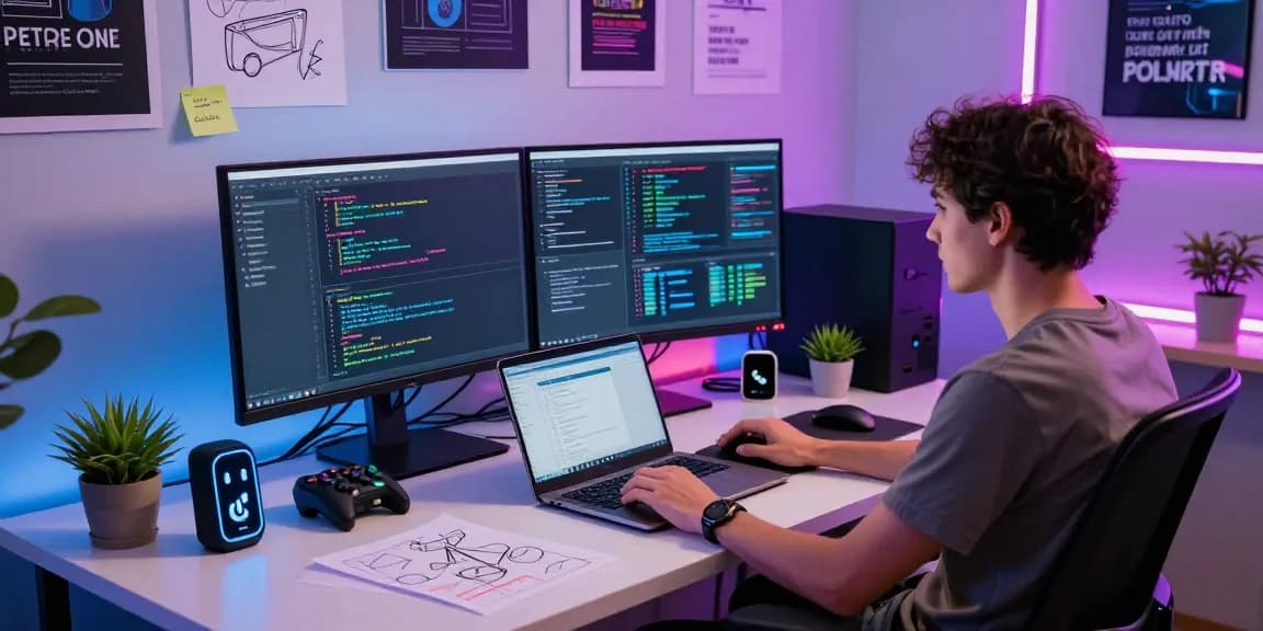 Engaging tech workspace illustrating software development with the theme of teiegramin.com and coding-focused elements.