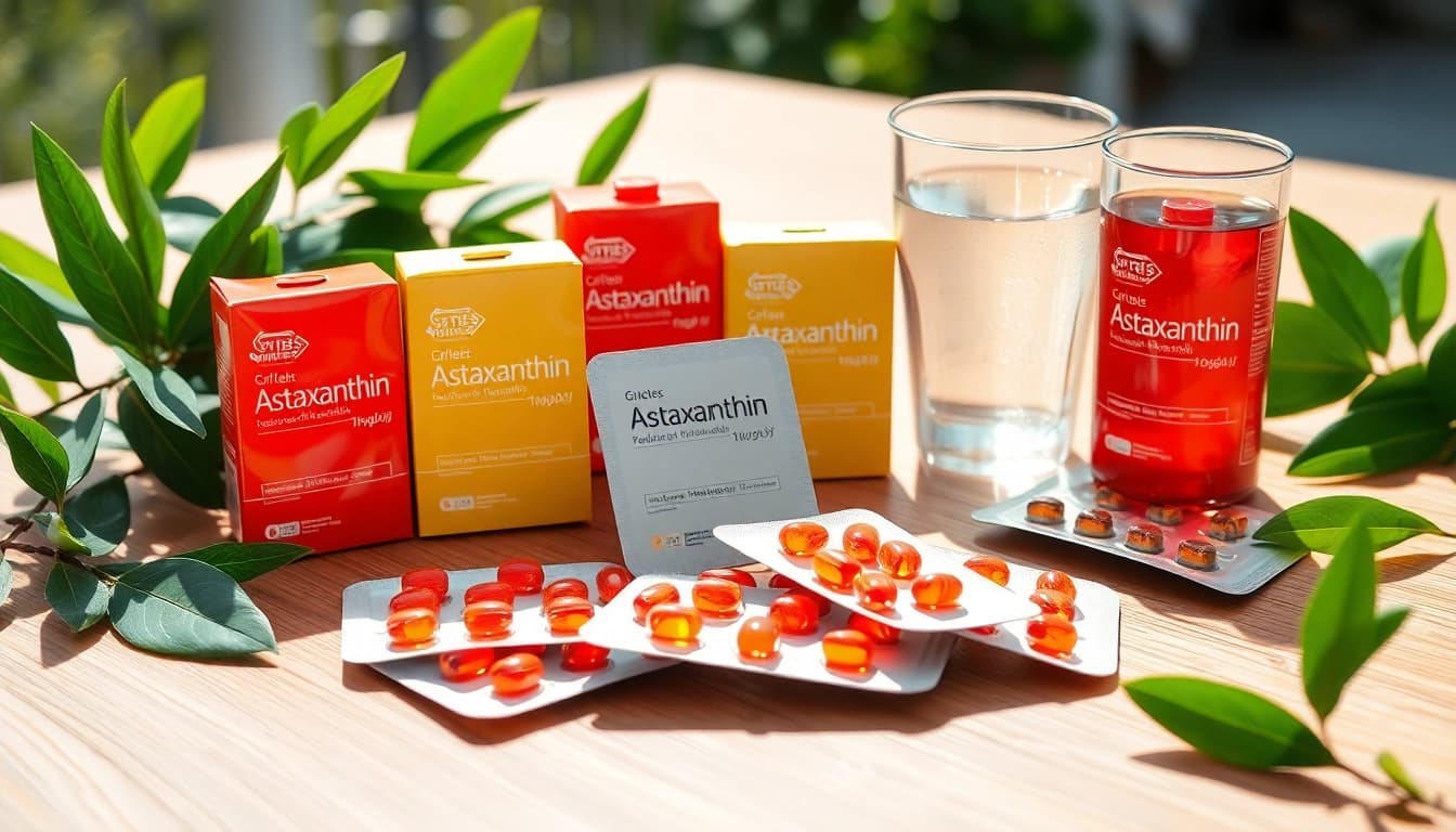 Showcase blister packed astaxanthin supplements with vibrant packaging on a wooden table, surrounded by natural elements.
