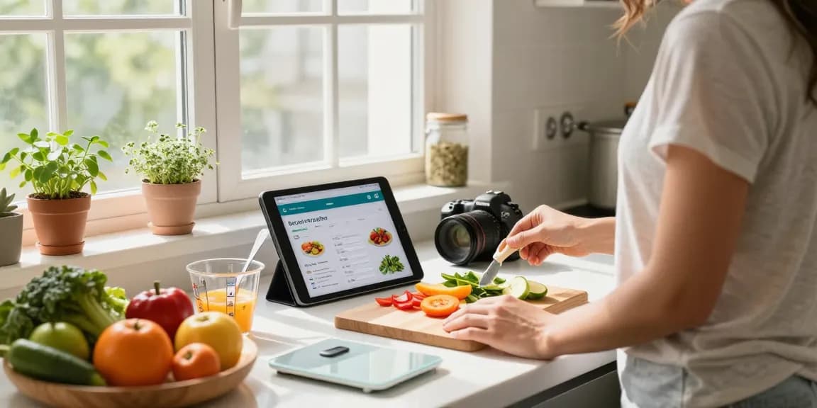 Person using the best food tracker app in a bright kitchen, preparing a healthy meal with fresh ingredients.