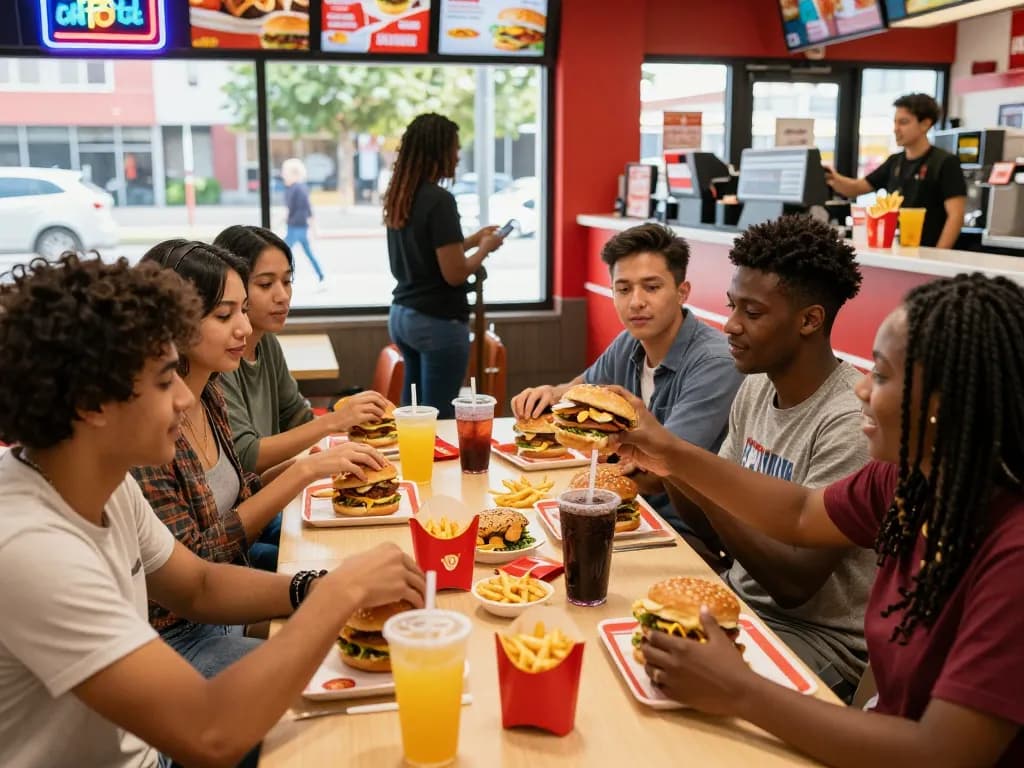 Friends enjoying a fast food menu meal together in a lively restaurant setting.