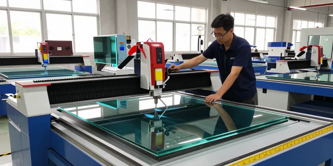 Technician at CNC glass cutting table in a bright industrial workspace.