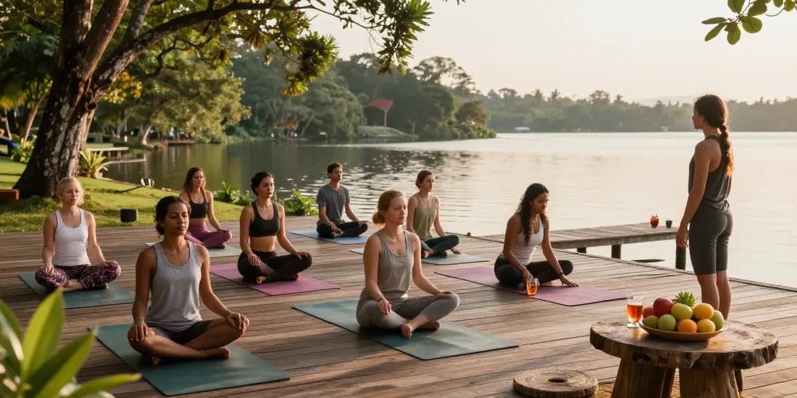 Yoga teacher training Sri Lanka scene with diverse students practicing by the serene Koggala Lake in a tranquil environment.