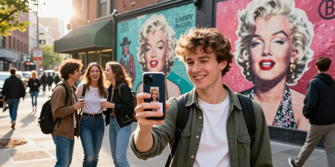 A person taking a selfie while discovering who looks like a celebrity with an app in a vibrant urban setting.