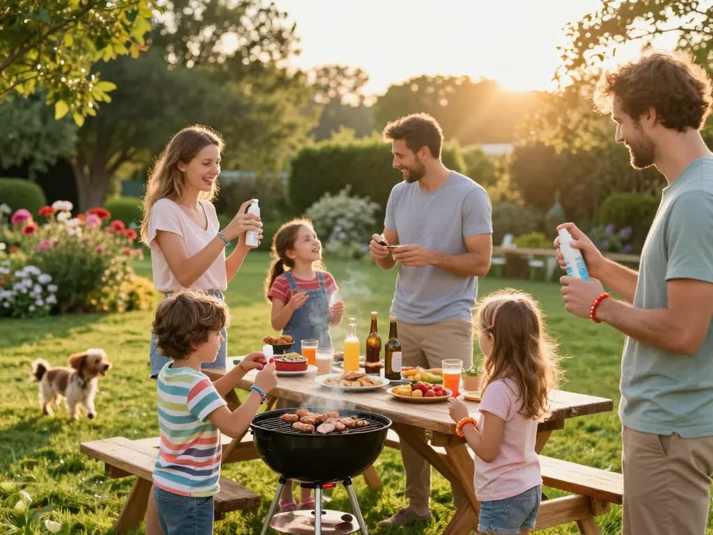 Family applying the Best Mosquito Repellent while enjoying a summer barbecue outdoors.
