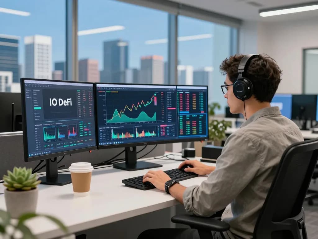Dynamic trading desk scene illustrating real-time IO DeFi cryptocurrency analytics.
