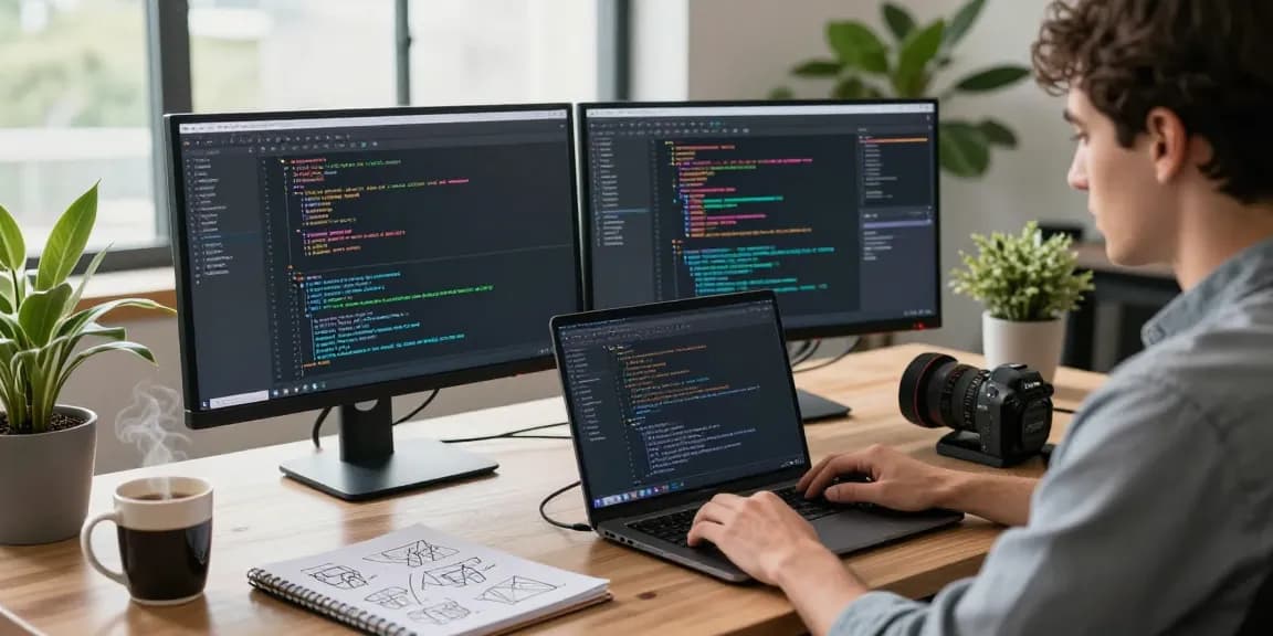 Developer coding on a laptop at https://www.bdtjl.app/ workspace with dual monitors and coffee, showcasing tech innovation.