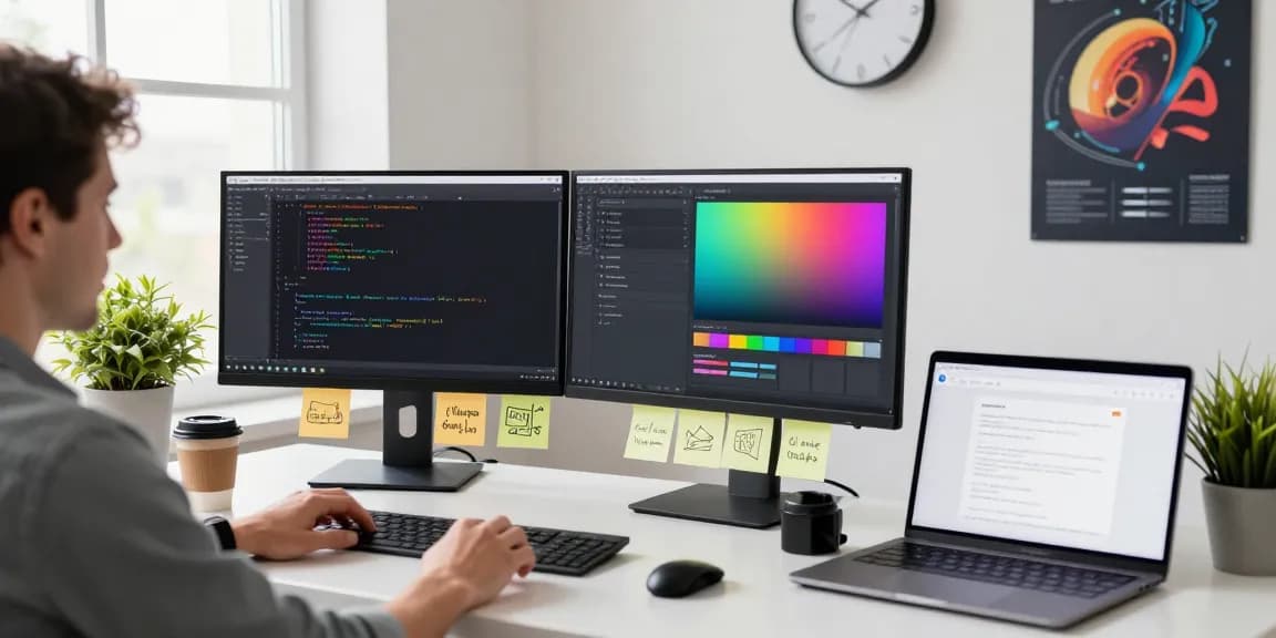 Developer using a 截图工具 on dual monitors in a modern workspace, showcasing productivity and innovation.