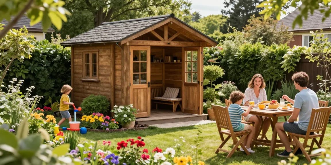 Ein wunderschönes Gartenhaus im Garten, umgeben von bunten Blumenbeeten und spielenden Kindern.