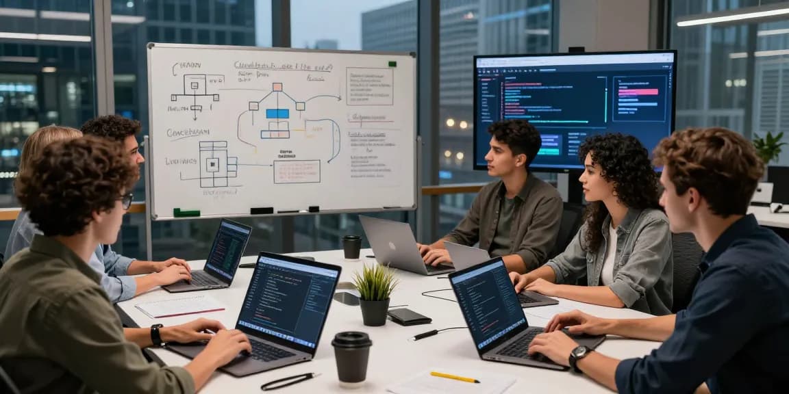 Developers collaborating on web3 services with laptops, digital whiteboard, and application demo in a vibrant tech environment.