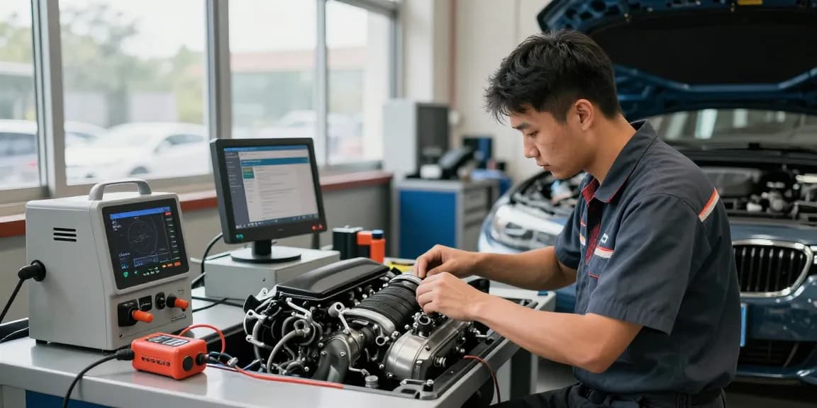 Chiptuning Hannover: Fachmann optimiert BMW Motor in professioneller Werkstatt mit modernster Technik