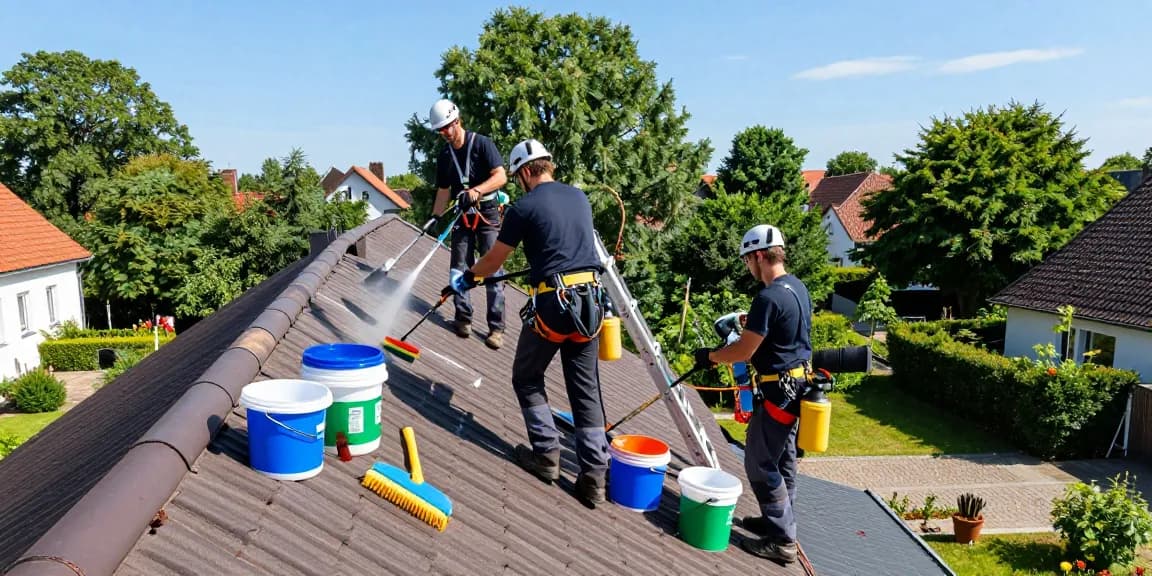Dachreinigung Dortmund durch professionelle Reinigungsteams mit umweltfreundlichen Reinigungsmitteln auf einem Wohnhaus in Dortmund.