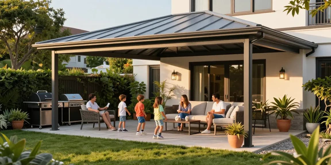 Moderne Terrassenüberdachung für entspannte Familienzeit im Garten