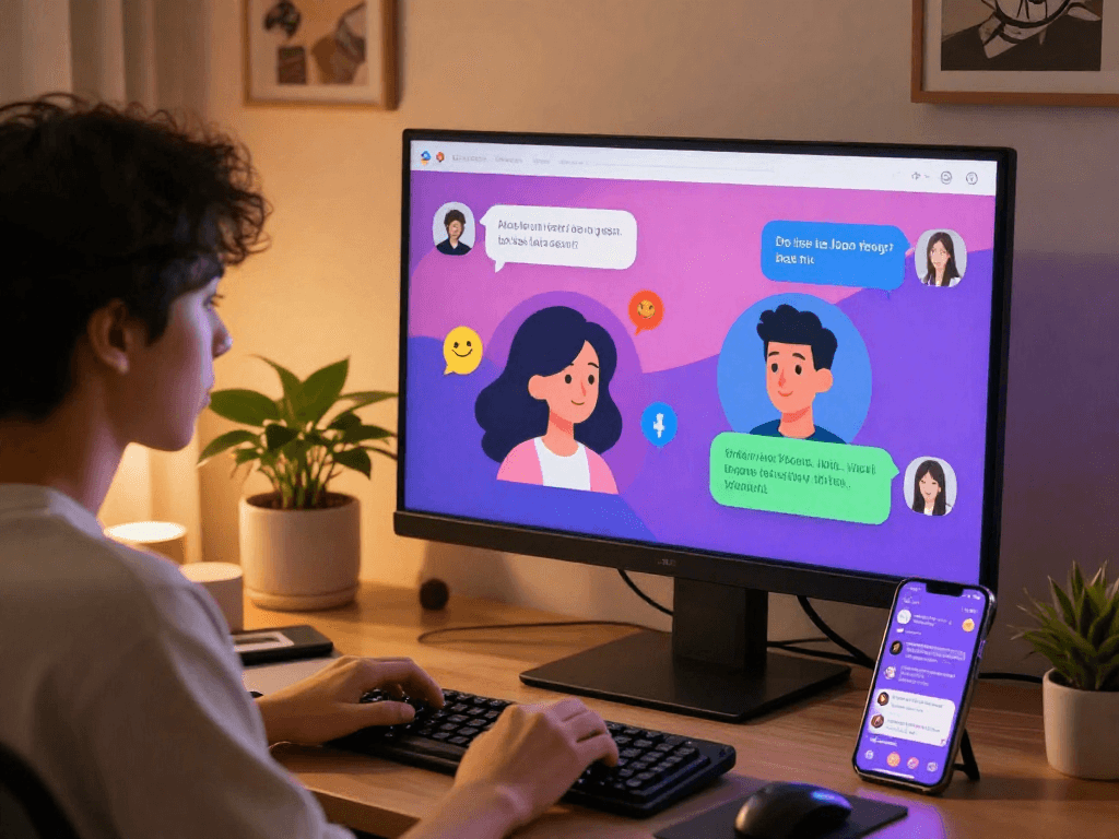 A cozy user-friendly workspace showcasing a vibrant chat interface with porn chat AI, featuring a user engaged in lively digital conversation.