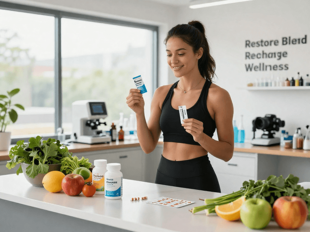 BPC 157 Side Effects highlighted by an athlete showcasing modern buccal strips in a vibrant health studio environment.