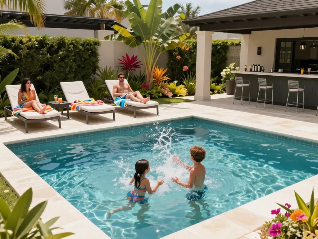 Experience Dolphin Pool Services with a family enjoying a luxurious pool day, showcasing a clean and vibrant backyard oasis.