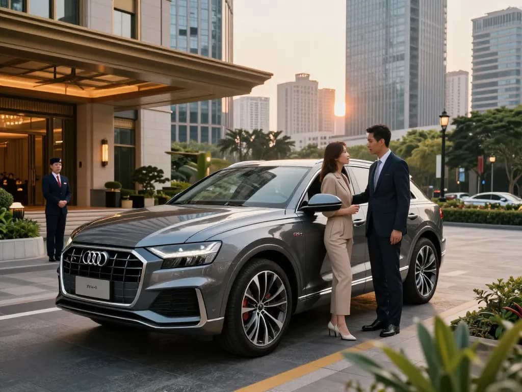 Trải nghiệm cho thuê xe ô tô hạng sang với chiếc Audi Q8 sang trọng trong môi trường đô thị sôi động, có tài xế chuyên nghiệp và cặp đôi phong cách.