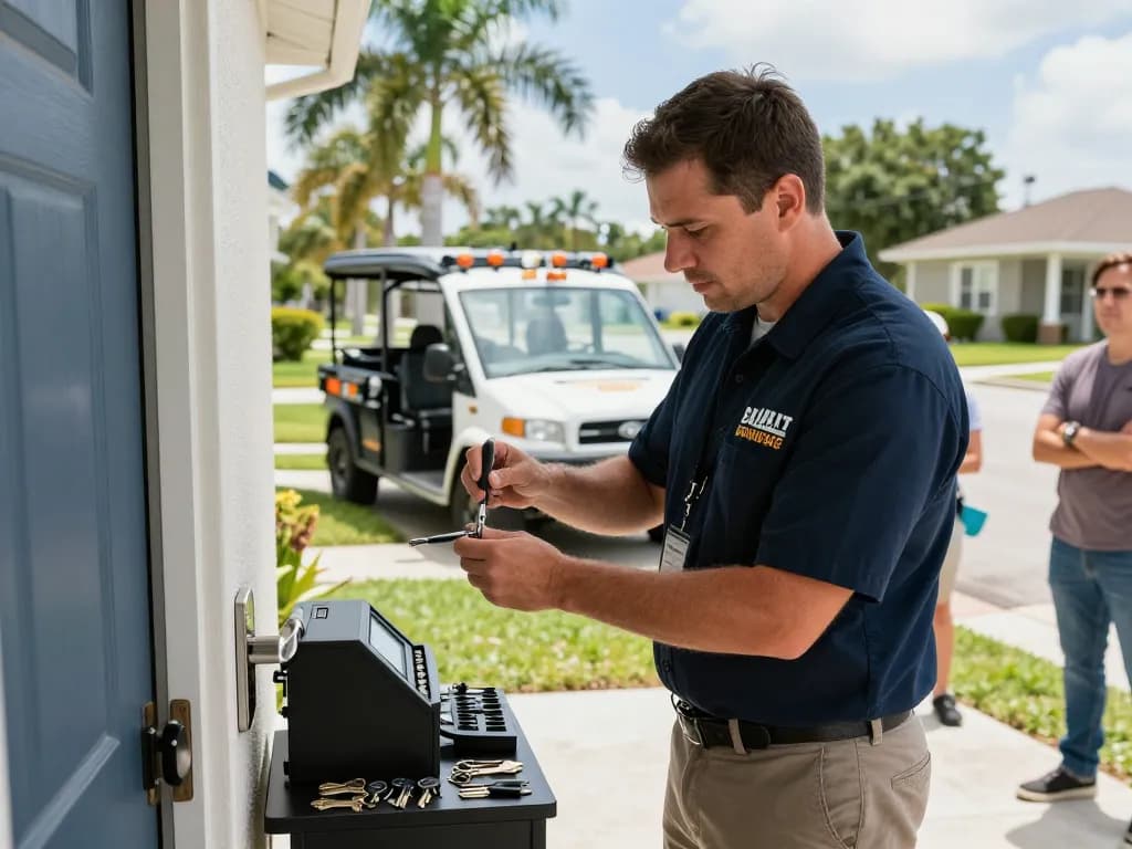 Locksmith Stuart FL providing expert services, focused on door lock repair in a suburban neighborhood.