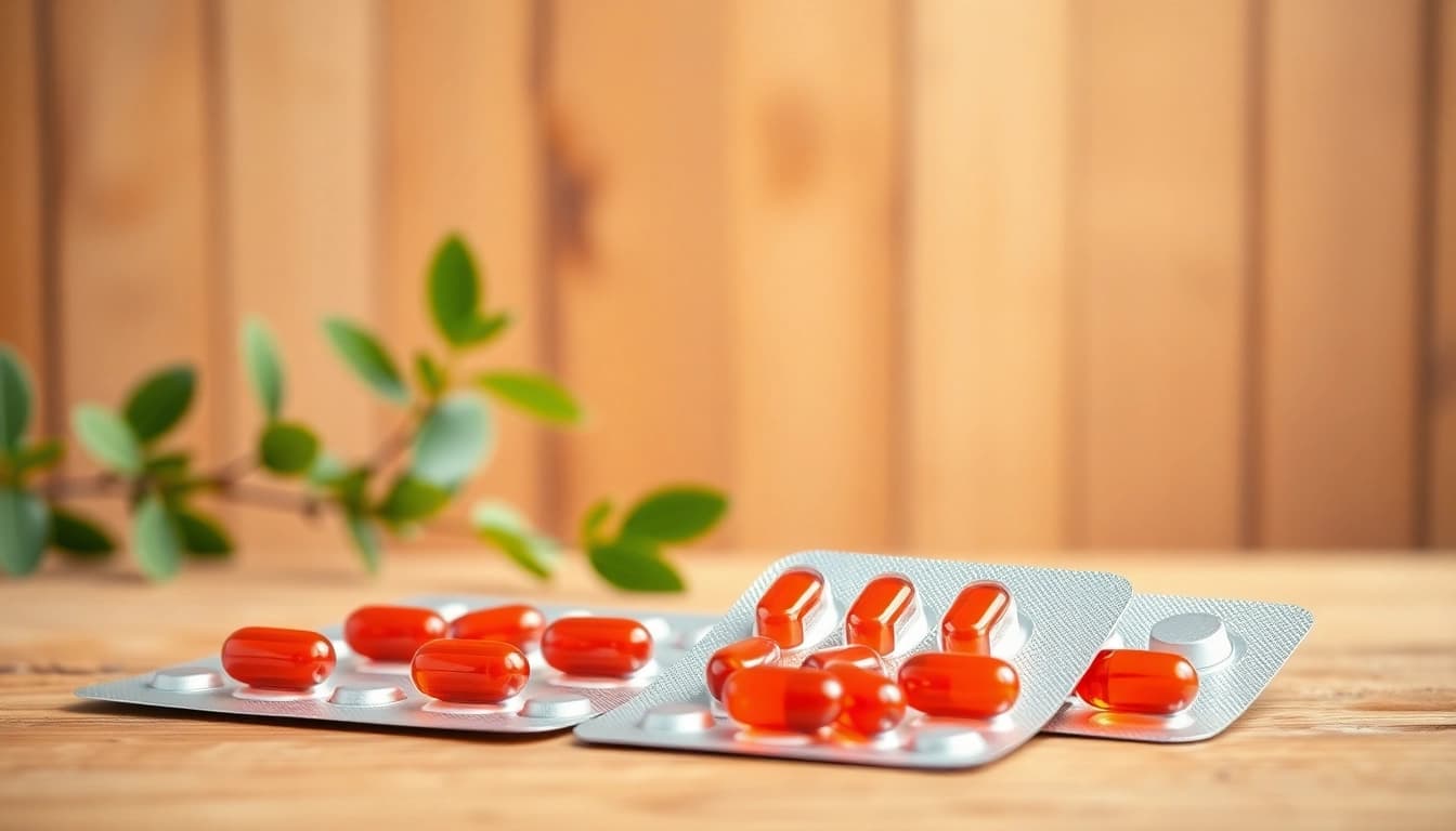 Highlighting blister packed astaxanthin capsules with a natural backdrop representing health and vitality.