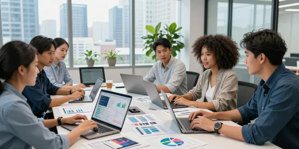 Collaboration in a digital marketing agency workspace, showcasing diverse professionals strategically planning marketing campaigns.