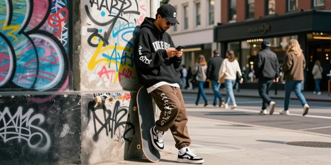 Stylish individual in urban setting displaying 레플리카 streetwear fashion with vibrant graffiti backdrop