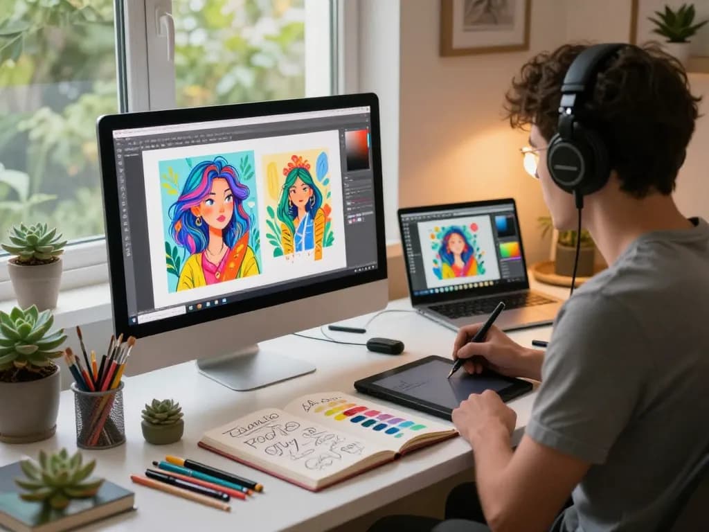 Digital artist using an image to prompt generator in a creative workspace.