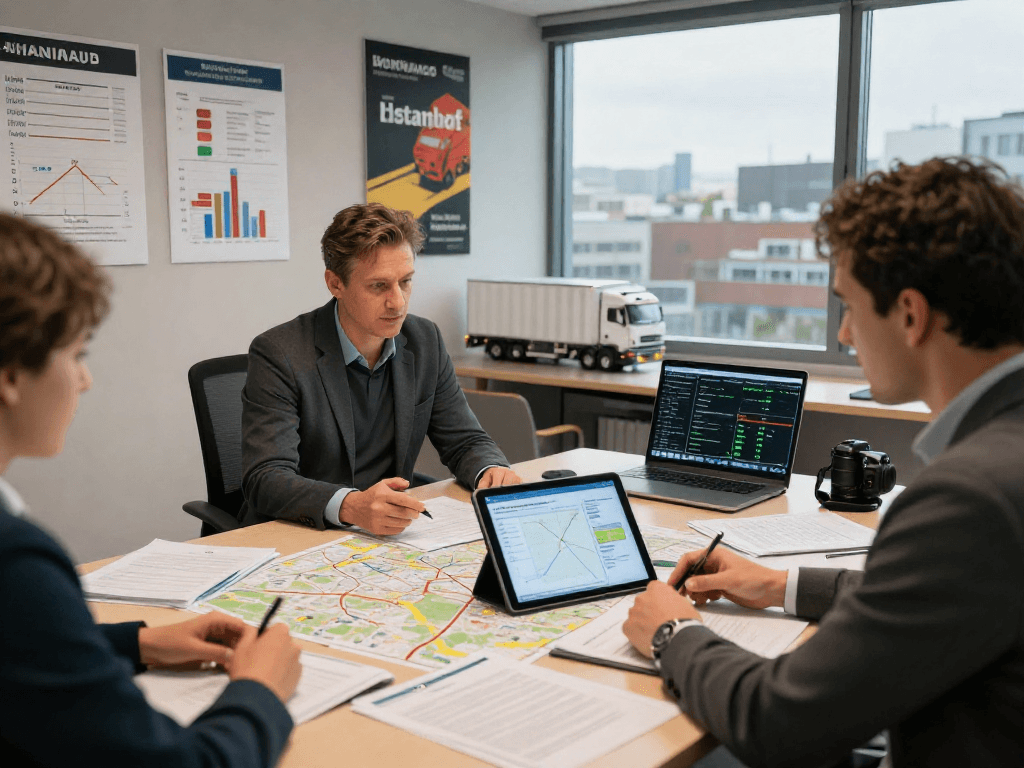 Gefahrguttransport von Dortmund: Logistikteam plant einen sicheren Transport mit Dokumentation und modernem Equipment.