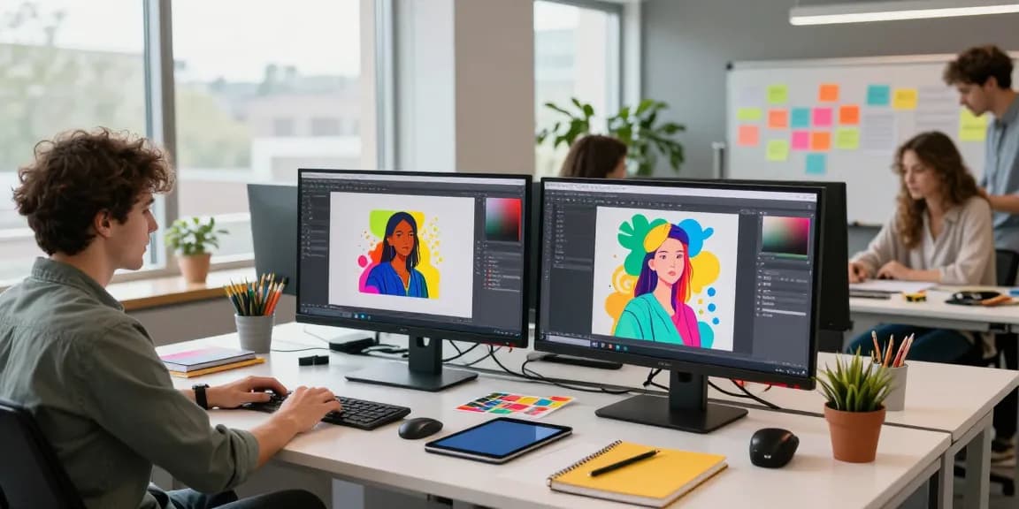 Digital artists collaborating using Nano Banana 2 in a creative workspace filled with vibrant AI-generated art.