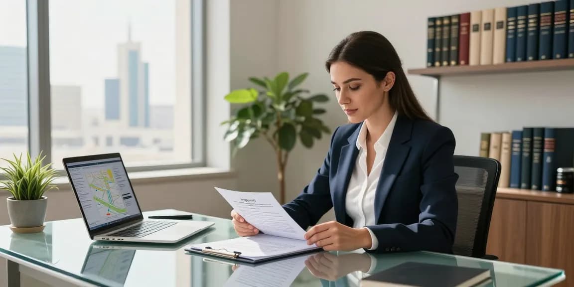 A professional محامي عقارات في الدمام reviewing real estate contracts in a modern office setting with urban views.