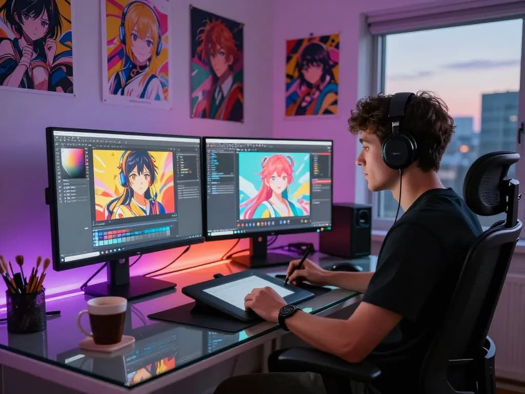 Artist creating NSFW AI illustrations in a vibrant workspace with dual monitors and artistic tools.