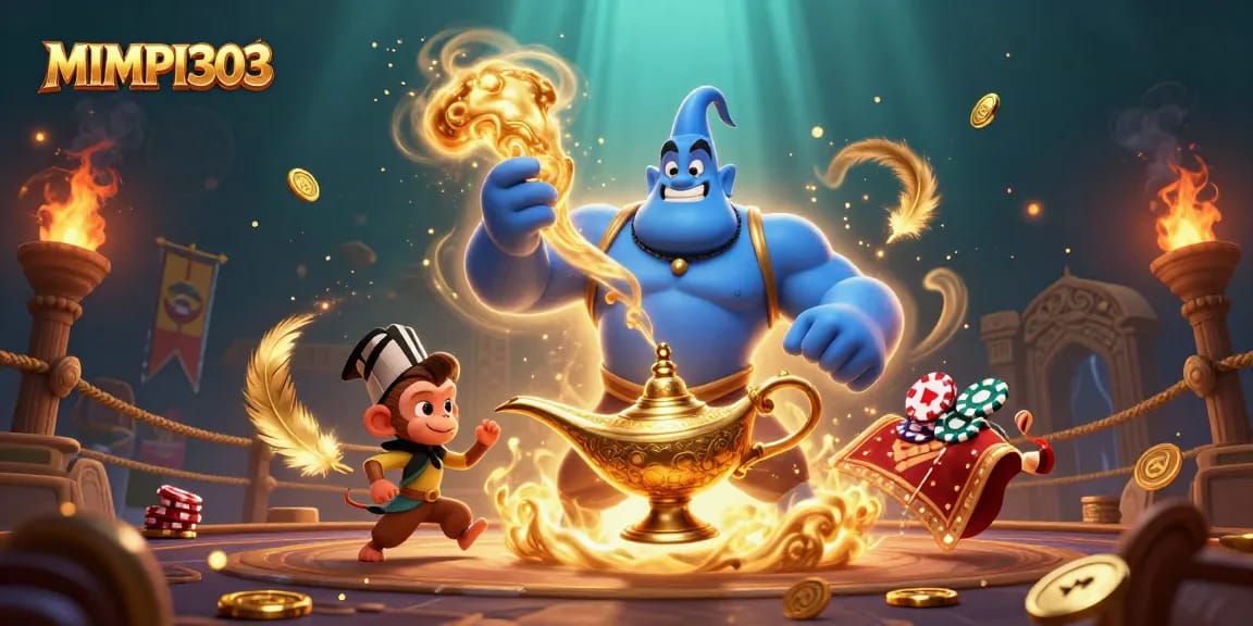 MIMPI303 showcases an energetic casino scene with a genie, monkey, and poker chips, exuding fun and excitement.