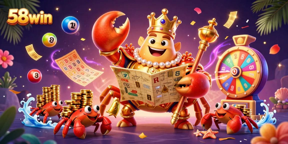 Join the excitement of 58win with dynamic gaming elements featuring a golden crab emperor and lottery balls.