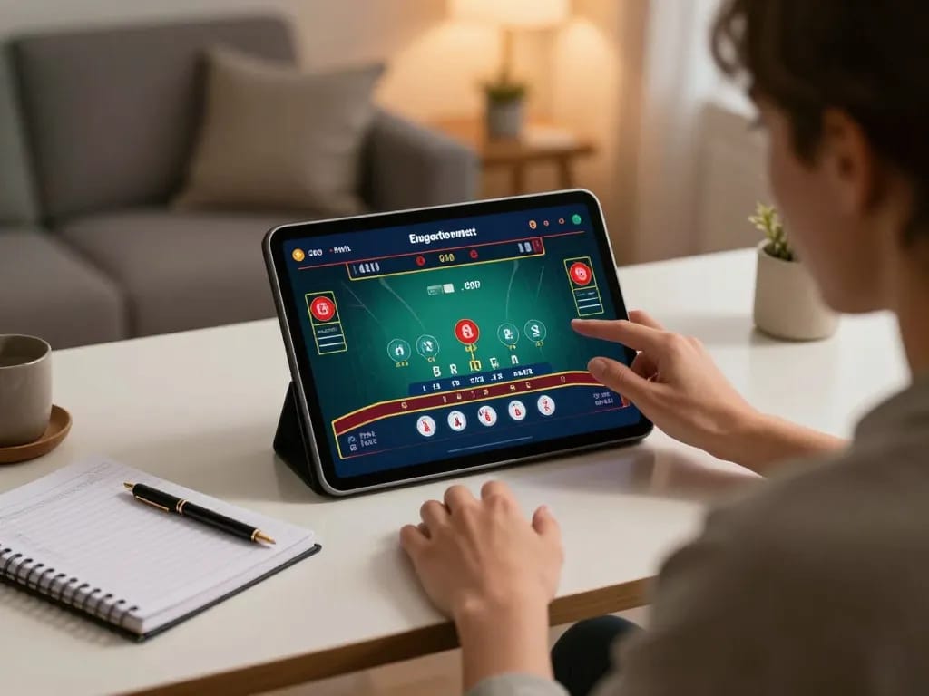 A player engaging in live baccarat at home with fly88 select tablet, showcasing online casino strategies