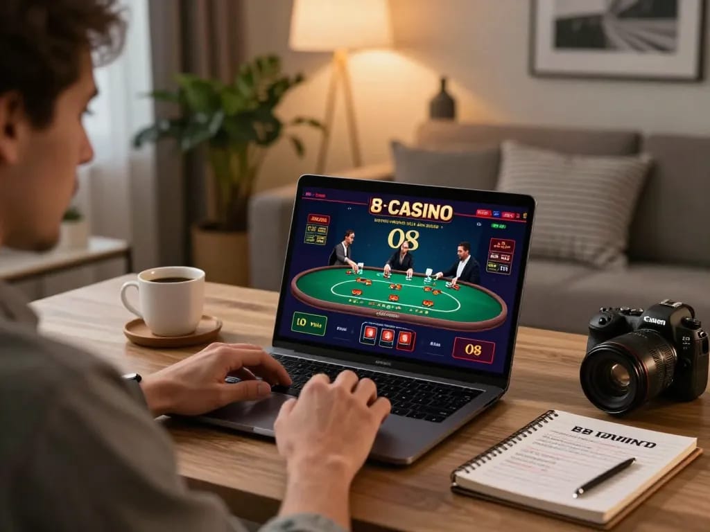 Player engaged with O8 casino app during thrilling online blackjack session in cozy home office.