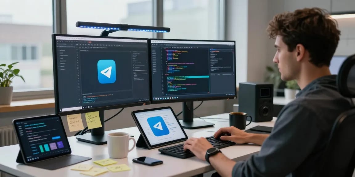 Developer using telegramin-cn.com in a modern workspace with tech gadgets.
