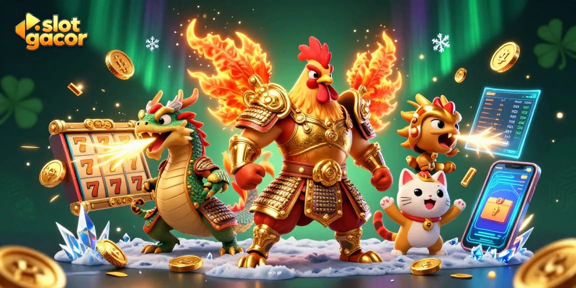 Slot gacor: Mainkan mesin slot sambil menyaksikan ayam jantan pejuang dan naga bersinar.