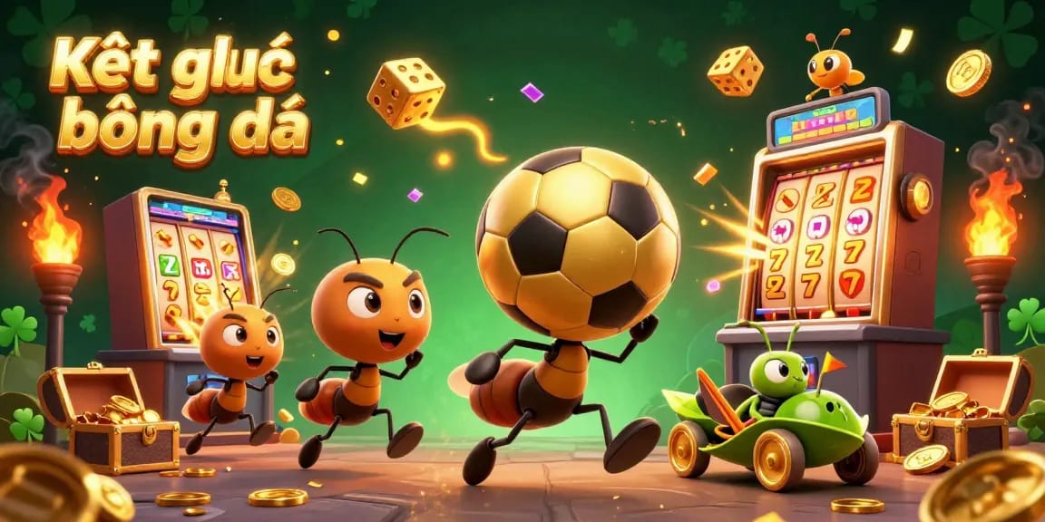 Kết quả bóng đá comes alive as 3D cartoon ants execute a heist with a giant golden soccer ball while vibrant casino elements surround them.