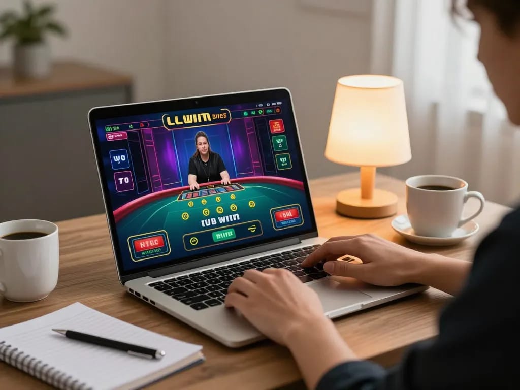 LLWIN online gaming session with a player engaged in a live casino game on a laptop.