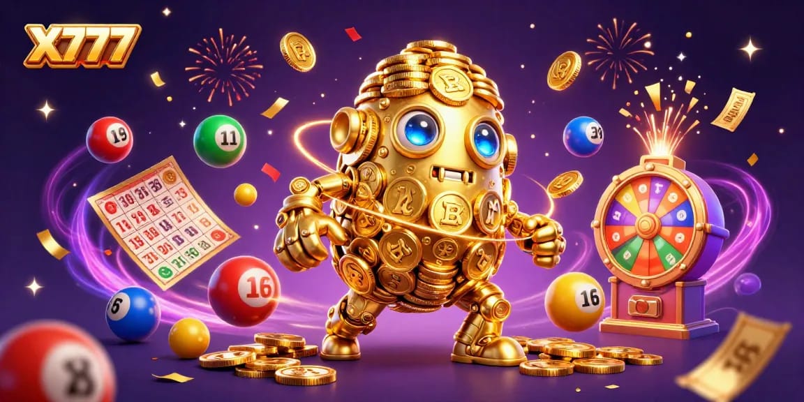 X777 players experience vibrant rewards from a golden golem surrounded by lively lottery elements