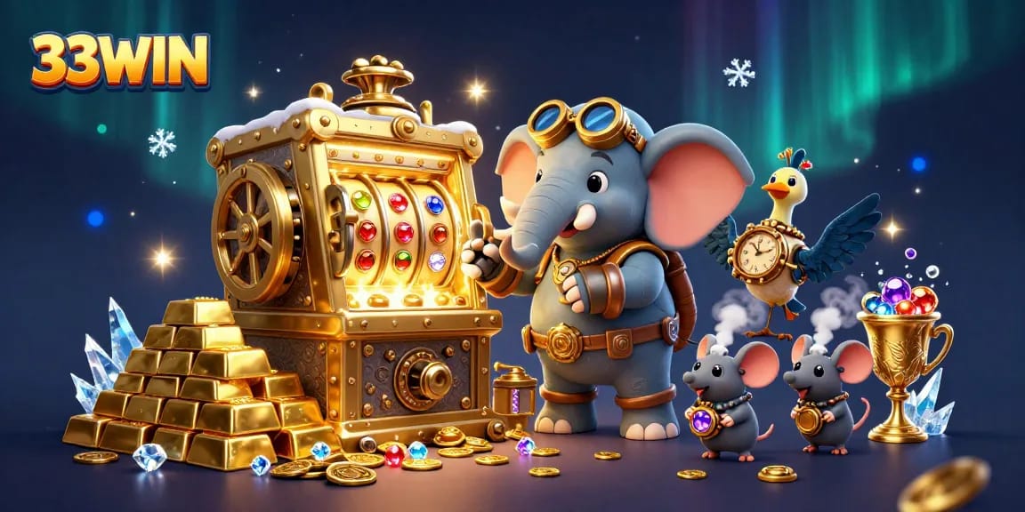 Experience thrilling gaming at 33WIN with a vibrant scene of a steampunk elephant at a slot machine.