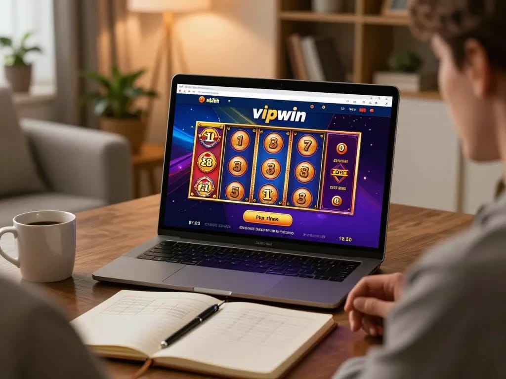 Engaging with the vipwin mobile app for online slots in a cozy living room.