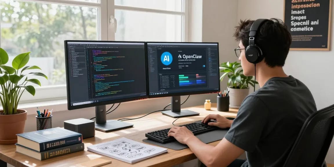 Developer using OpenClaw AI in a modern home office with dual monitors, programming books, and natural light.