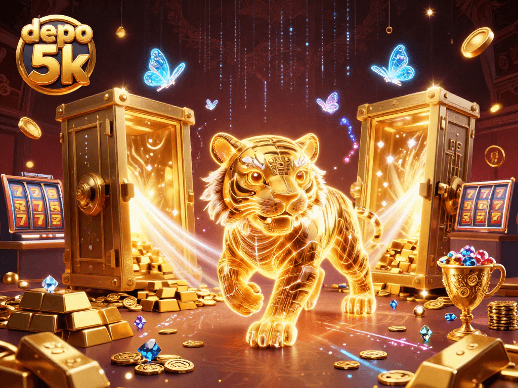 Experience the excitement of depo 5k with a radiant tiger in a vibrant casino scene.